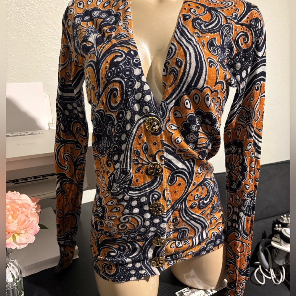 Tory Burch  Button-Up Women Cardigan- Orange/Blue Wool with Gold metal button